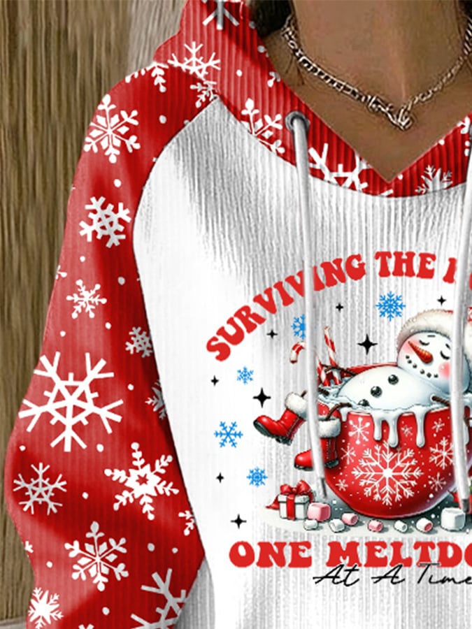 Retro Christmas Snowman In Coffee Surviving The Holidays One Meltdown At A Time Print Hoodie