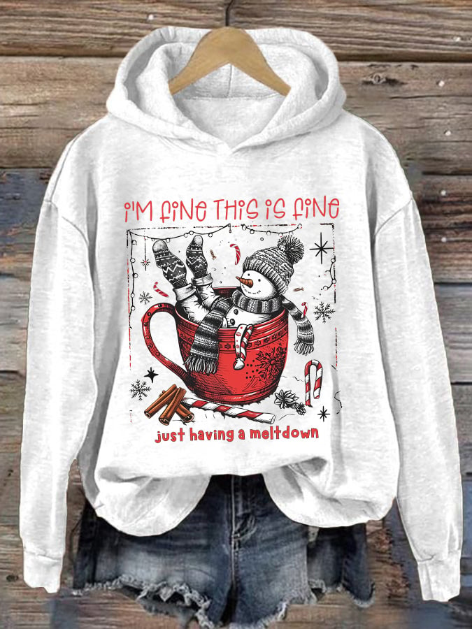 🦌Buy 3 Get 15% Off🦌Retro Christmas Funny Snowman Hot Cocoa I'm Fine, This Is Fine Just Having A Meltdown Print Hoodie
