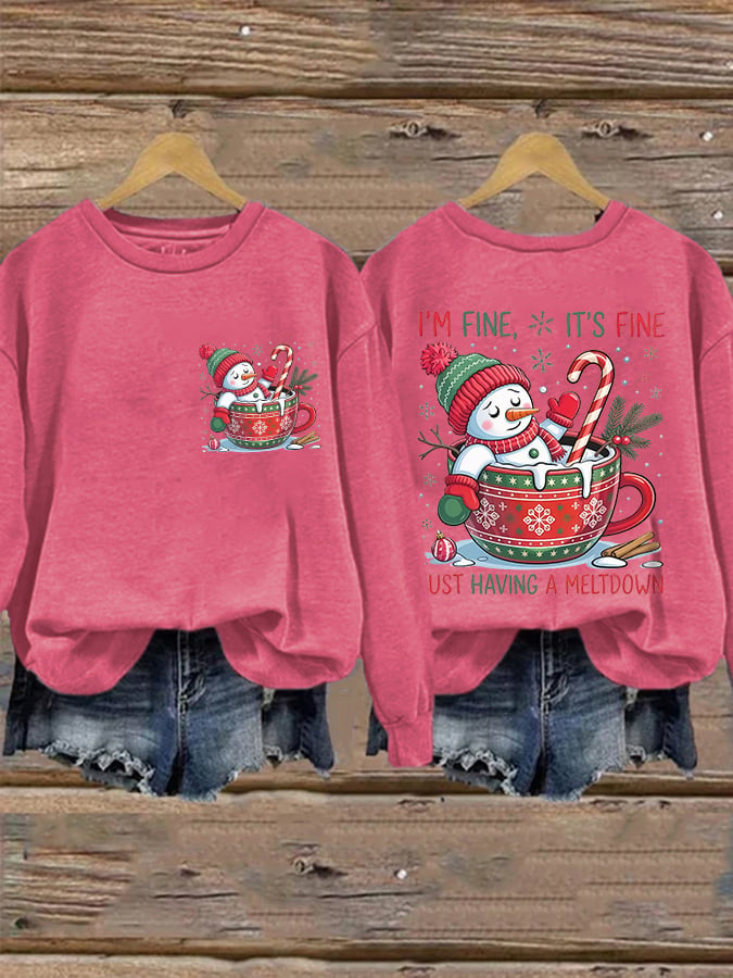 🦌Buy 3 Get 15% Off🦌Retro Christmas Funny Snowman I'm Fine, It's Fine Just Having A Meltdown Print Sweatshirt