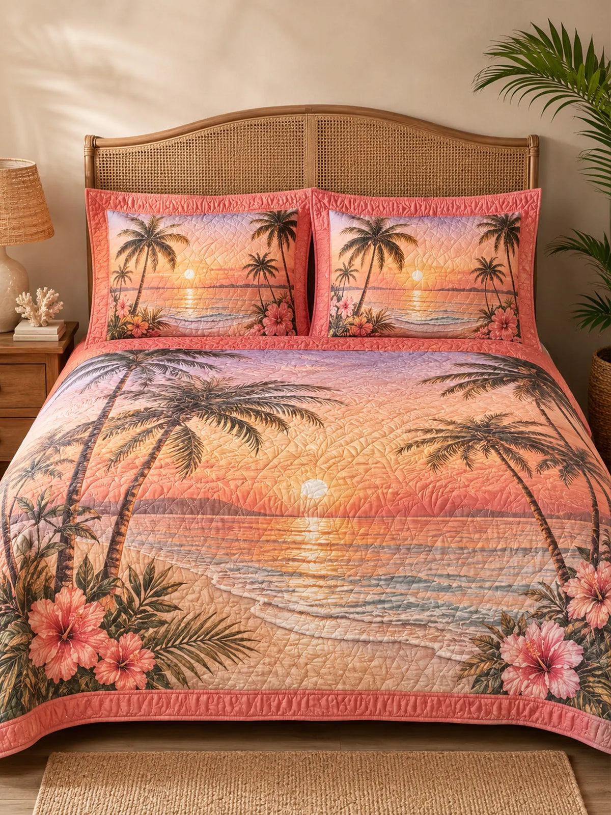 Tropical Sunset Palm Tree 3-Piece Quilted Bedding Set
