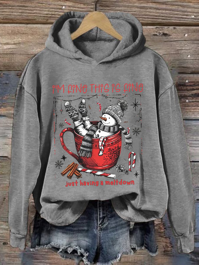 🦌Buy 3 Get 15% Off🦌Retro Christmas Funny Snowman Hot Cocoa I'm Fine, This Is Fine Just Having A Meltdown Print Hoodie