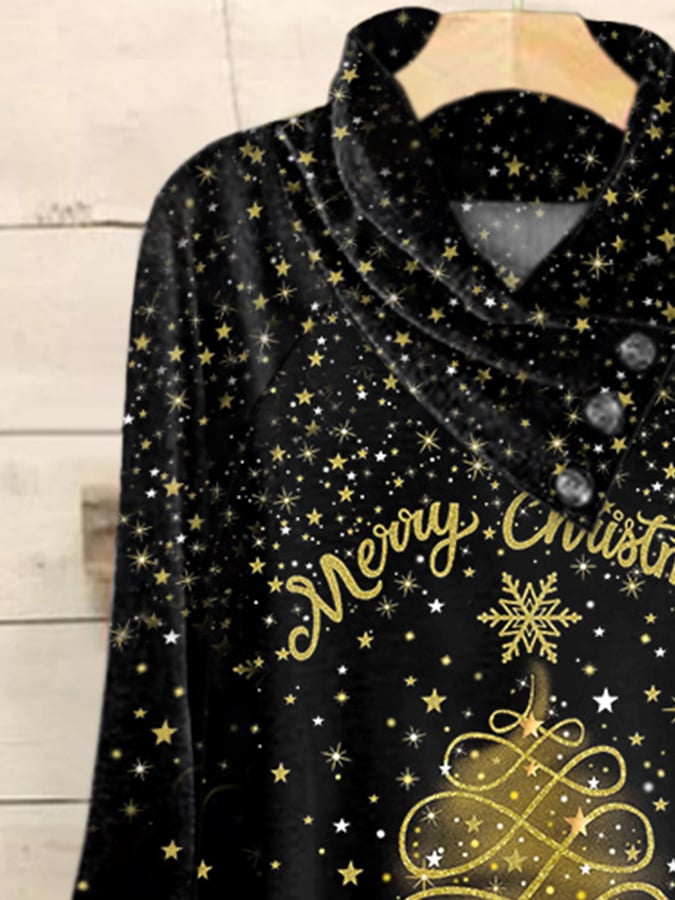 Retro Merry Christmas With Star Gradient Golden Christmas Tree Print T-Shirt