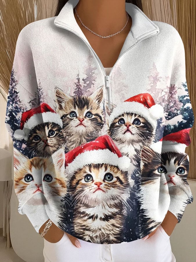 🦌Buy 3 Get 15% Off🦌Women's Christmas Cat Print Zip-Up Stand Collar Sweatshirt