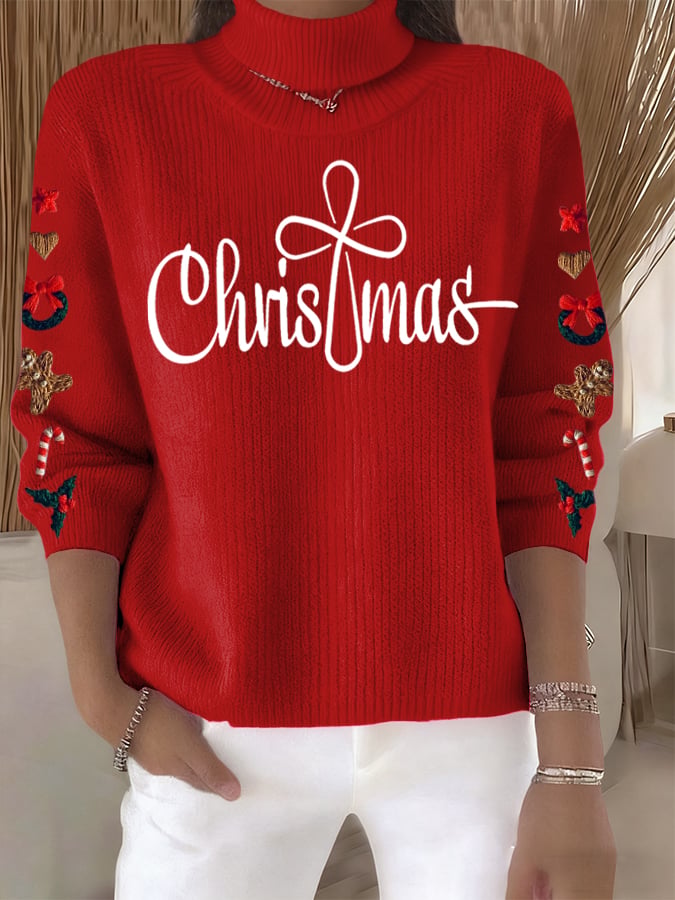 Women's Retro Christmas Cross Faith Print Turtleneck Knit Top