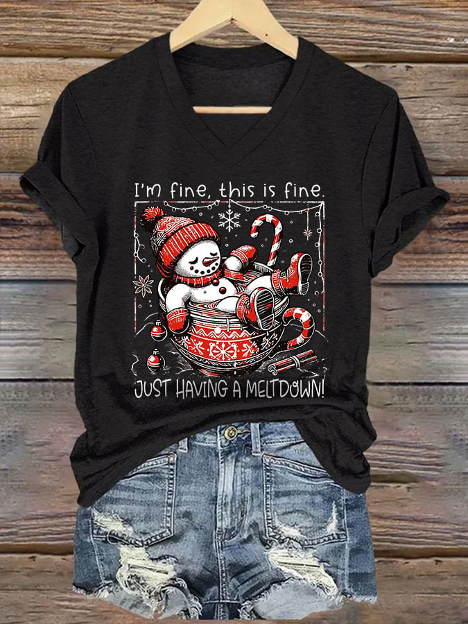 🦌Buy 3 Get 15% Off🦌V-Neck Retro Christmas Funny Snowman Hot Cocoa I'm Fine, This Is Fine Just Having A Meltdown Print T-Shirt
