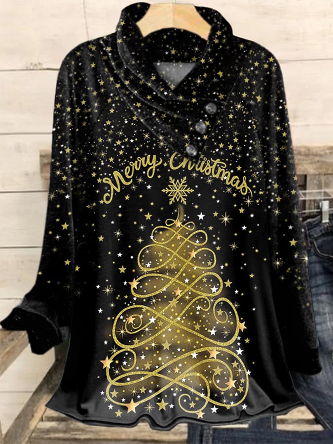 Retro Merry Christmas With Star Gradient Golden Christmas Tree Print T-Shirt