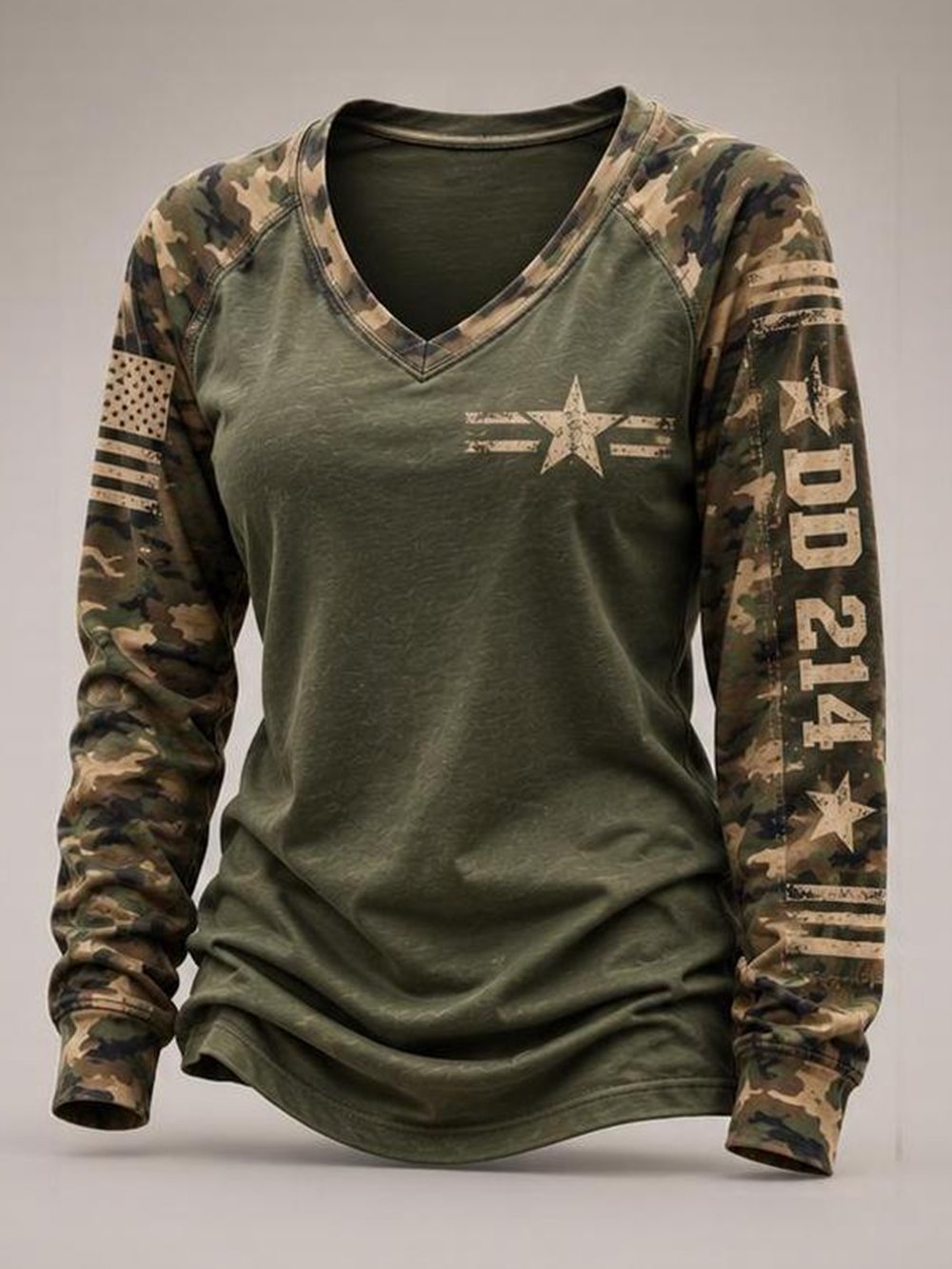 Women's Casual "DD214 America Official Woman Card" Print V-Neck Long-Sleeve T-Shirt