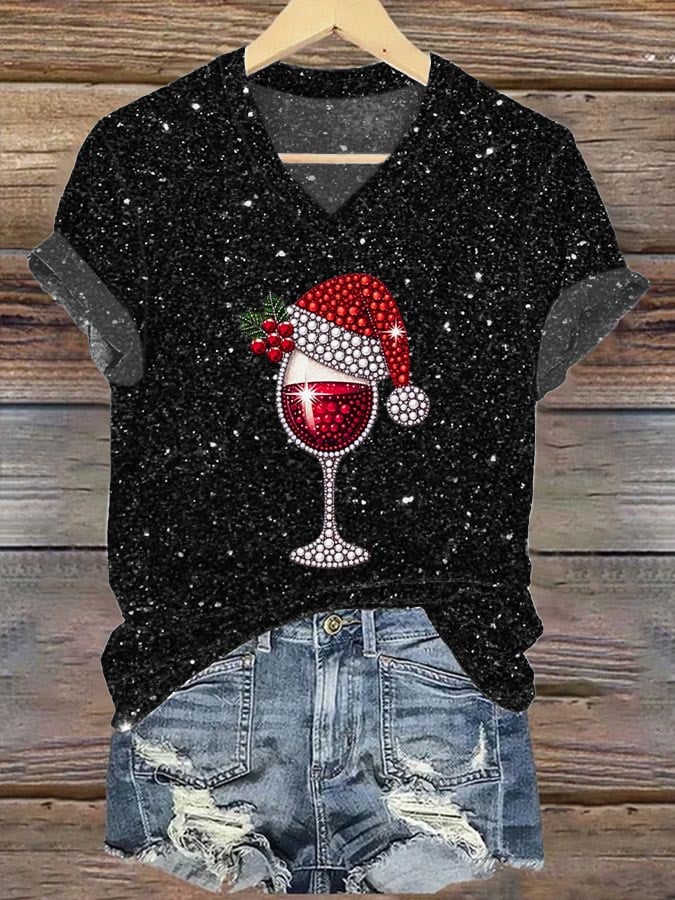 🦌Buy 3 Get 15% Off🦌Women's Christmas Red Wine Glass Printed Casual T-Shirt