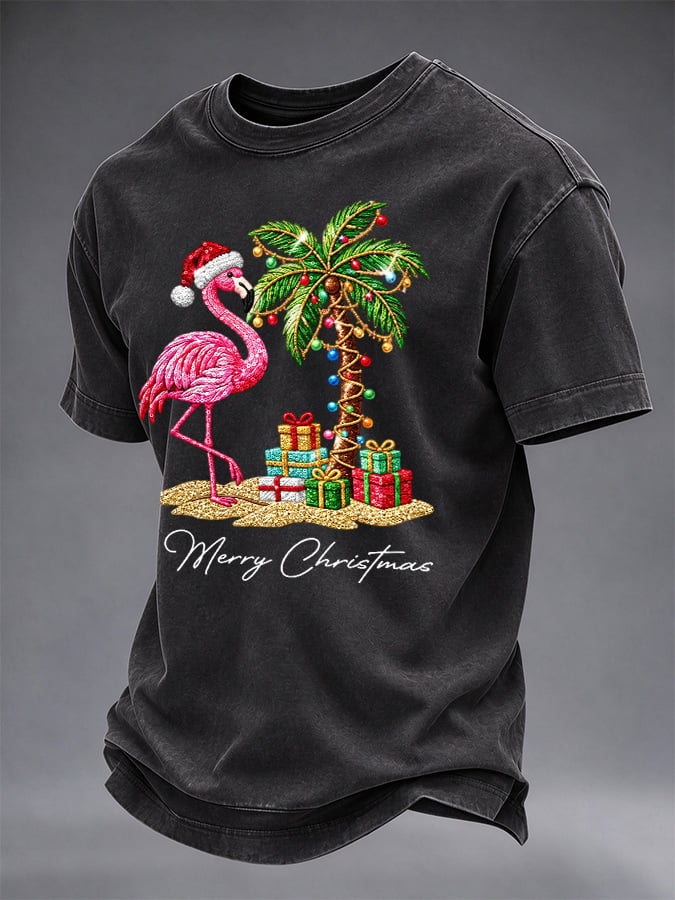 Men's Flamingo Christmas Print Round Neck T-shirt