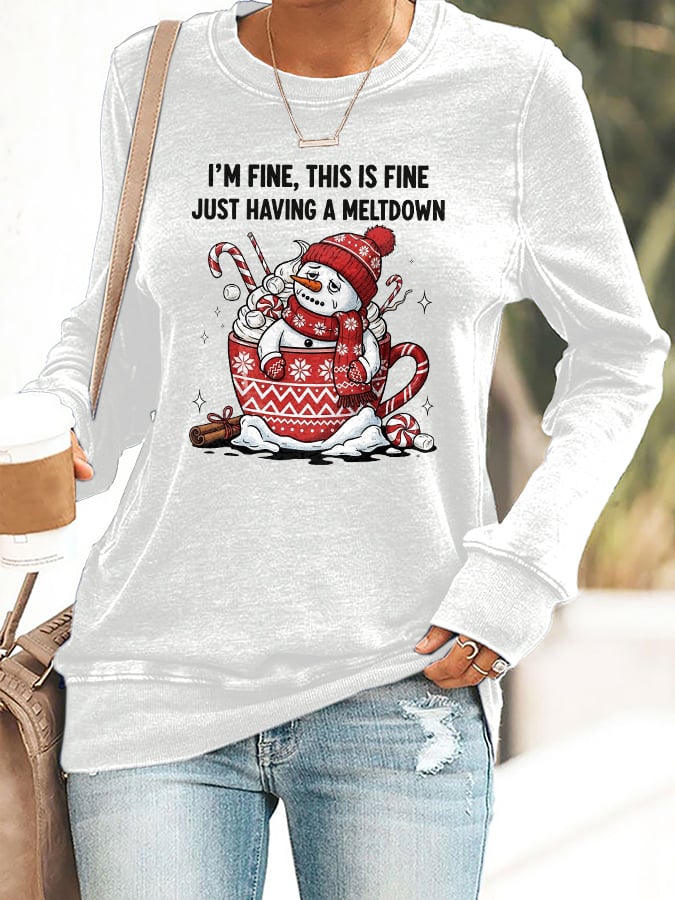 🦌Buy 3 Get 15% Off🦌Retro Christmas Funny Snowman Hot Cocoa I'm Fine, This Is Fine Just Having A Meltdown Print Sweatshirt