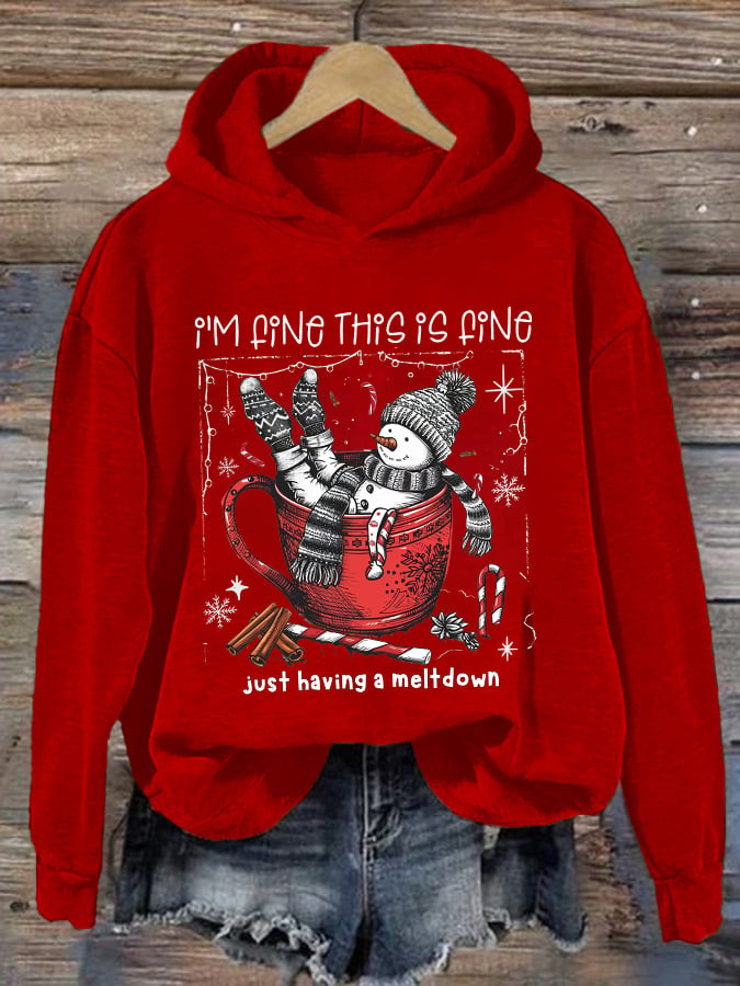 🦌Buy 3 Get 15% Off🦌Retro Christmas Funny Snowman Hot Cocoa I'm Fine, This Is Fine Just Having A Meltdown Print Hoodie