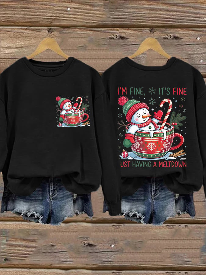 🦌Buy 3 Get 15% Off🦌Retro Christmas Funny Snowman I'm Fine, It's Fine Just Having A Meltdown Print Sweatshirt