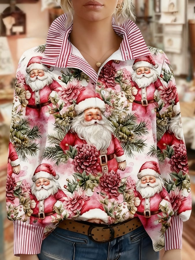 Women's Retro Christmas Santa Print Striped Long Sleeve Top