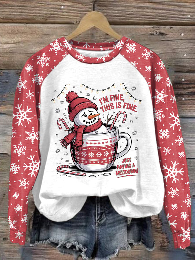 🦌Buy 3 Get 15% Off🦌Retro Raglan Sleeves Christmas Funny Snowman Hot Cocoa I'm Fine, This Is Fine Just Having A Meltdown Print Sweatshirt