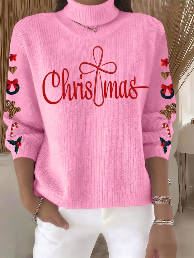 Women's Retro Christmas Cross Faith Print Turtleneck Knit Top