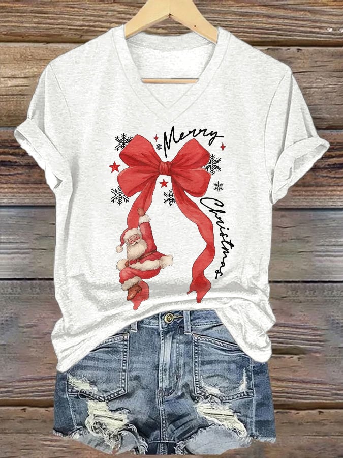 🦌Buy 3 Get 15% Off🦌V-Neck Retro Merry Christmas Bow Santa Claus Snowflakes Print T-Shirt