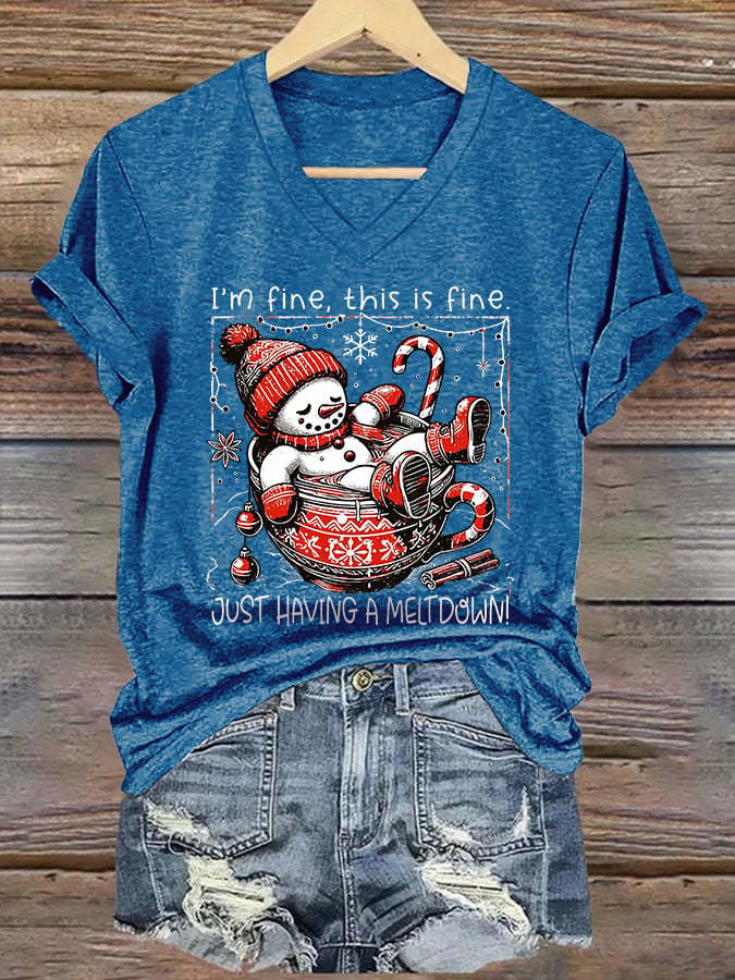 🦌Buy 3 Get 15% Off🦌V-Neck Retro Christmas Funny Snowman Hot Cocoa I'm Fine, This Is Fine Just Having A Meltdown Print T-Shirt