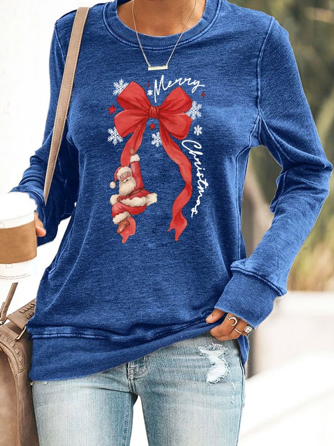 🦌Buy 3 Get 15% Off🦌Retro Merry Christmas Bow Santa Claus Snowflakes Print Sweatshirt