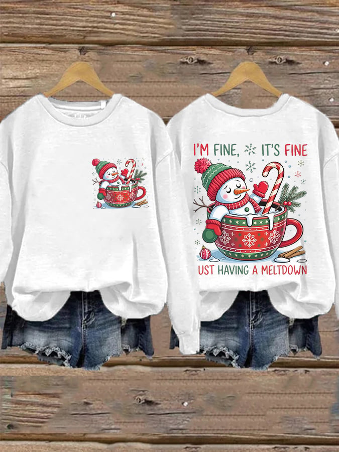 🦌Buy 3 Get 15% Off🦌Retro Christmas Funny Snowman I'm Fine, It's Fine Just Having A Meltdown Print Sweatshirt