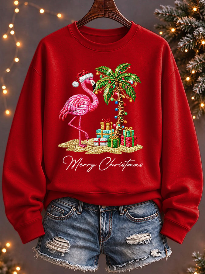 Women's Flamingo Christmas Print Casual Sweatshirt