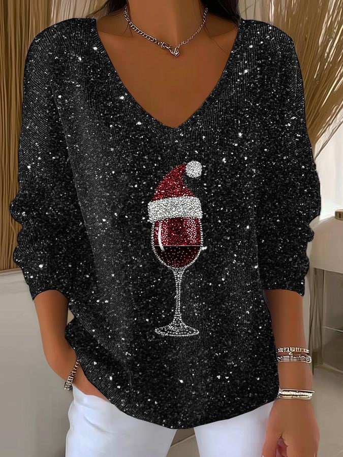 🦌Buy 3 Get 15% Off🦌Women's Christmas Red Wine Glass Print V Neck Sweater