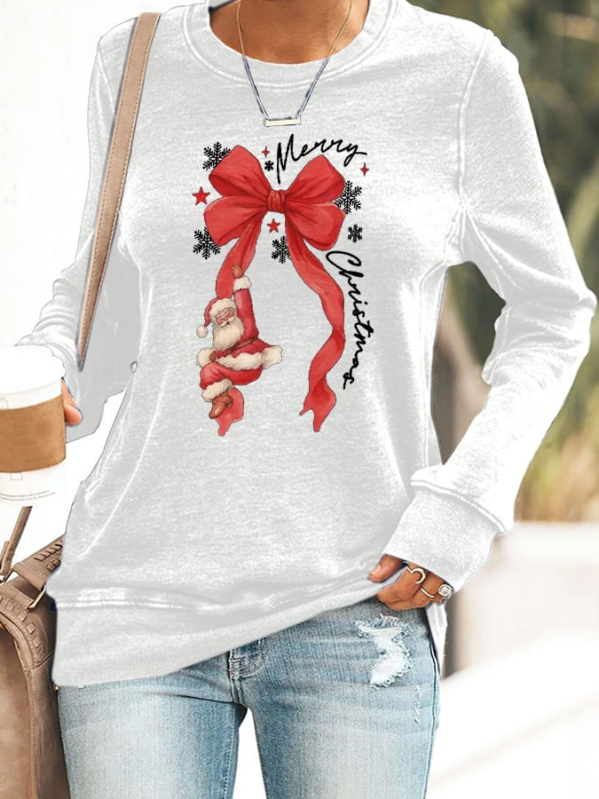 🦌Buy 3 Get 15% Off🦌Retro Merry Christmas Bow Santa Claus Snowflakes Print Sweatshirt