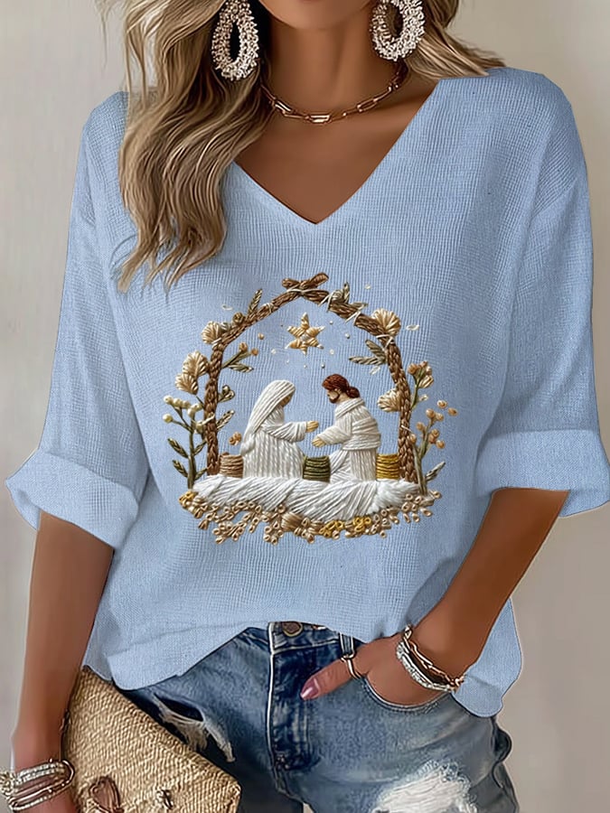 🦌Buy 3 Get 15% Off🦌Women's Nativity Faith Print T-shirt