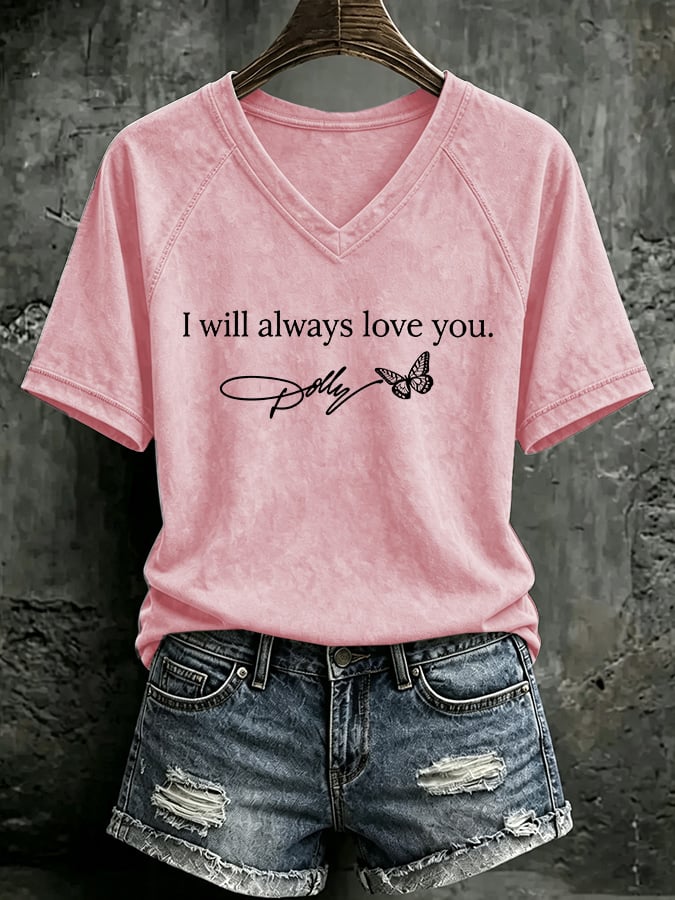 V Neck Retro Butterfly I Will Always Love You Print T-Shirt