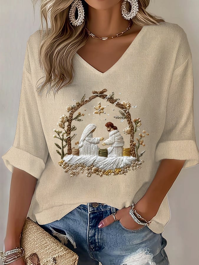 🦌Buy 3 Get 15% Off🦌Women's Nativity Faith Print T-shirt