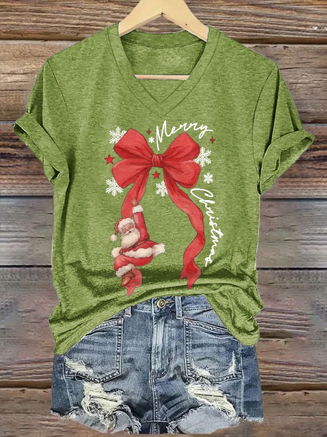🦌Buy 3 Get 15% Off🦌V-Neck Retro Merry Christmas Bow Santa Claus Snowflakes Print T-Shirt