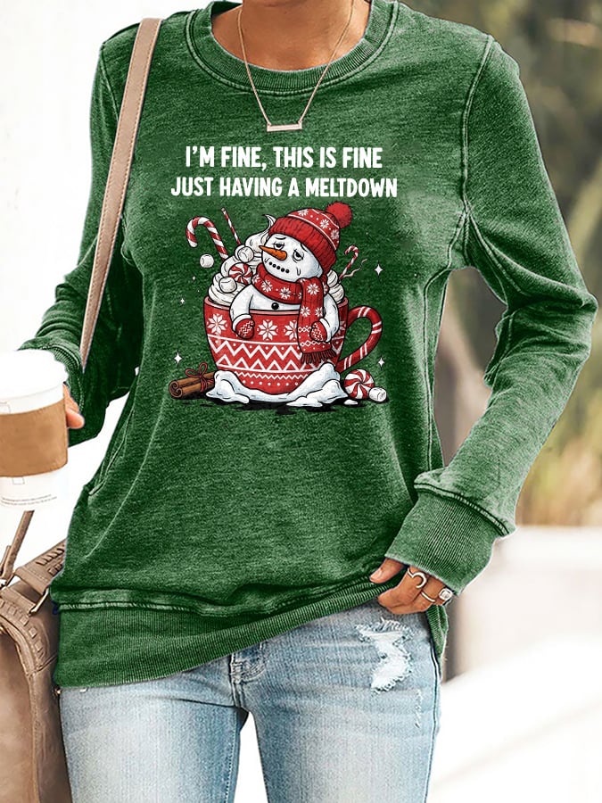 🦌Buy 3 Get 15% Off🦌Retro Christmas Funny Snowman Hot Cocoa I'm Fine, This Is Fine Just Having A Meltdown Print Sweatshirt