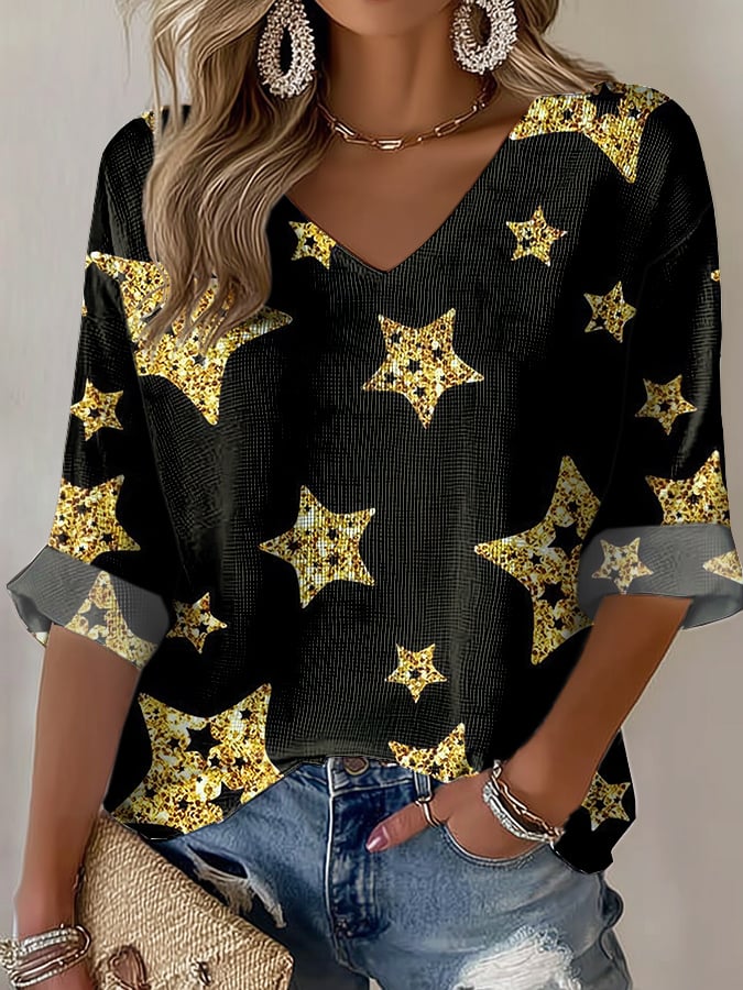 V-Neck Retro Christmas Golden Stars Print T-Shirt