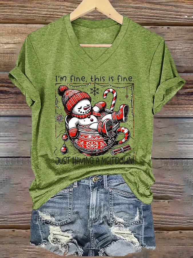 🦌Buy 3 Get 15% Off🦌V-Neck Retro Christmas Funny Snowman Hot Cocoa I'm Fine, This Is Fine Just Having A Meltdown Print T-Shirt