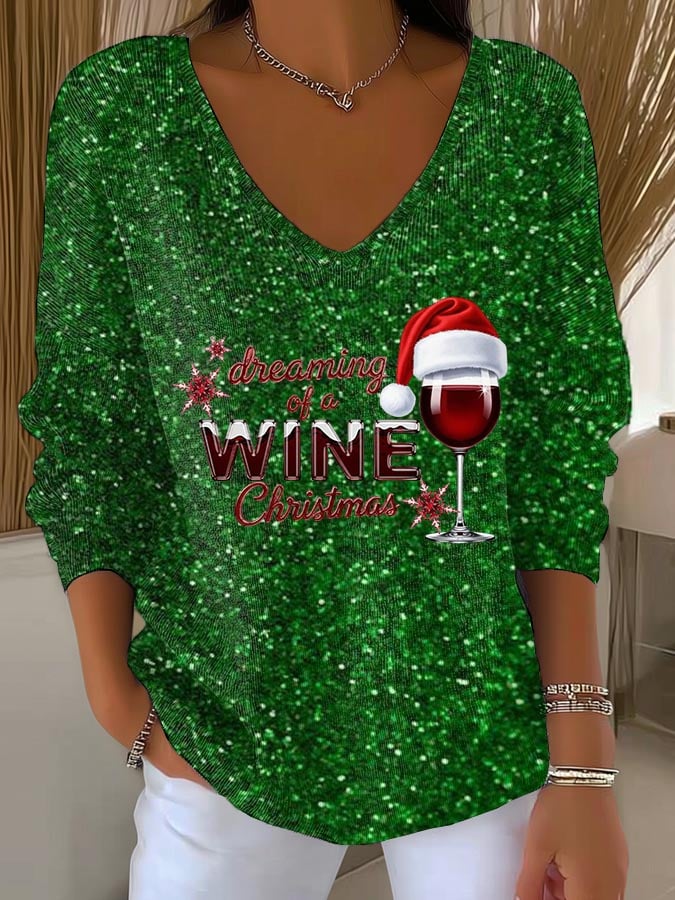 🦌Buy 3 Get 15% Off🦌Women's Dreaming Of A Wine Christmas Print V Neck Sweater