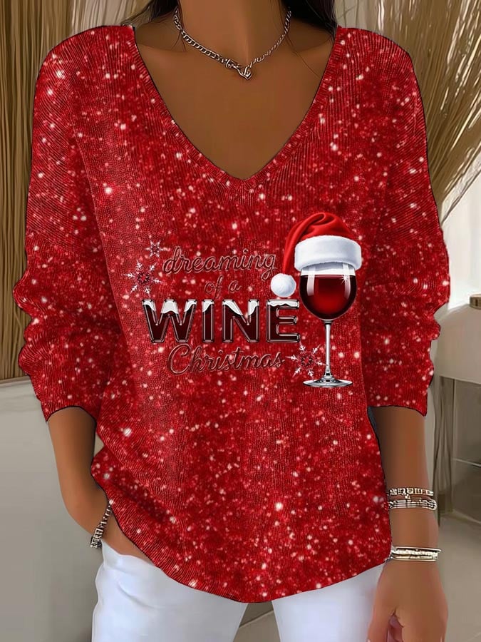 🦌Buy 3 Get 15% Off🦌Women's Dreaming Of A Wine Christmas Print V Neck Sweater
