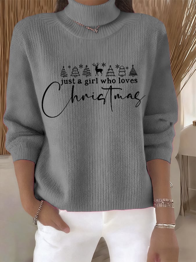 🦌Buy 3 Get 15% Off🦌Women's Retro Just A Girl Who Loves Christmas Print Turtleneck Knit Top