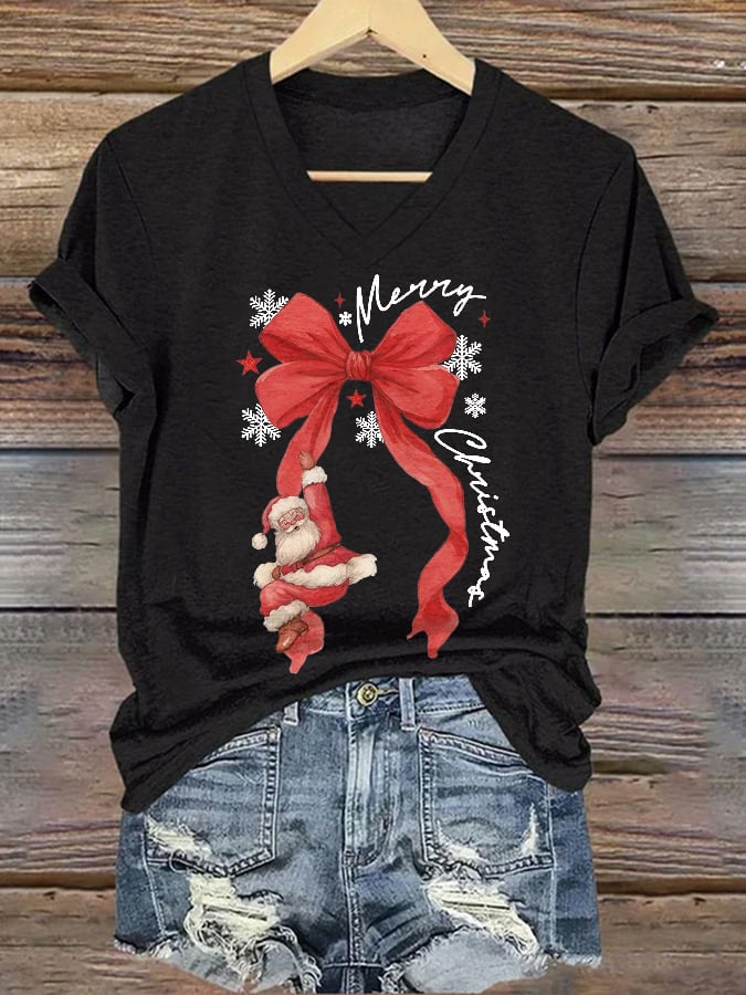 🦌Buy 3 Get 15% Off🦌V-Neck Retro Merry Christmas Bow Santa Claus Snowflakes Print T-Shirt