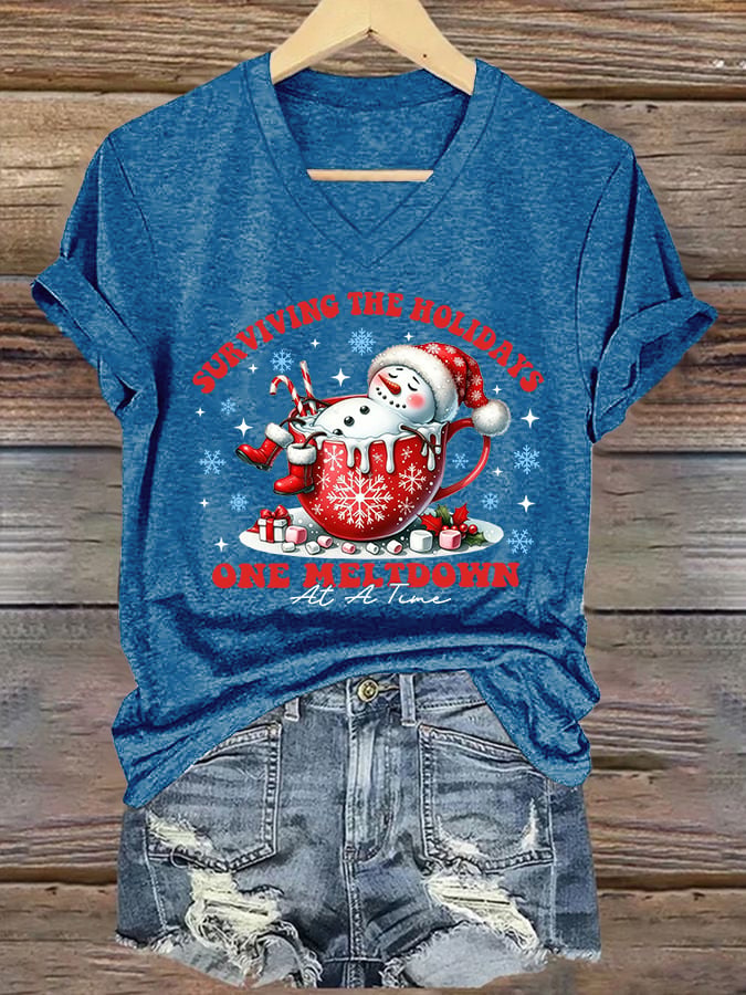 🦌Buy 3 Get 15% Off🦌V-Neck Retro Christmas Snowman In Coffee Surviving The Holidays One Meltdown At A Time Print T-Shirt