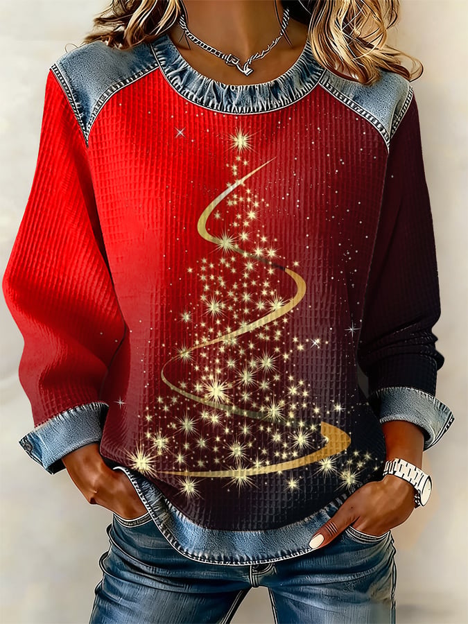 Retro Golden Christmas Tree Gradient Print Sweatshirt