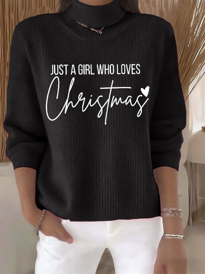 🦌Buy 3 Get 15% Off🦌Women's Retro Just A Girl Who Loves Christmas Print Turtleneck Knit Top
