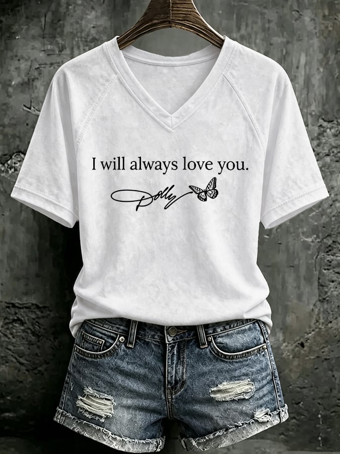V Neck Retro Butterfly I Will Always Love You Print T-Shirt
