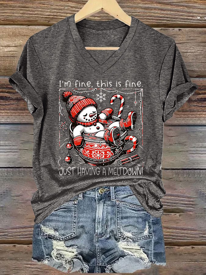 🦌Buy 3 Get 15% Off🦌V-Neck Retro Christmas Funny Snowman Hot Cocoa I'm Fine, This Is Fine Just Having A Meltdown Print T-Shirt