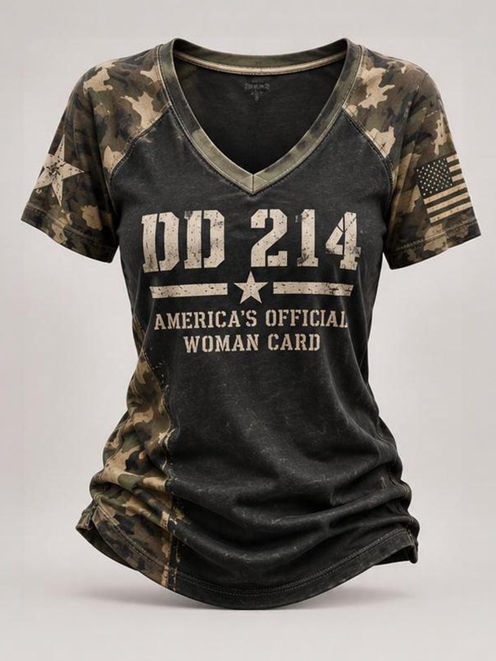 Women's Casual Short-Sleeve V-Neck Tee – "DD214 America Official Woman Card" Print