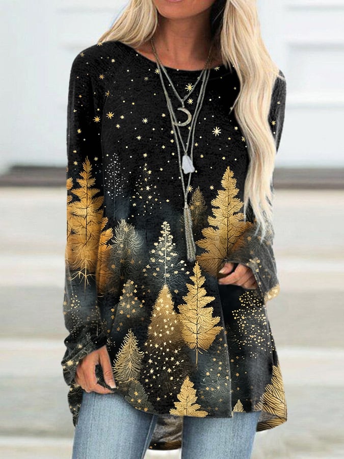 Retro Christmas Stars and Golden Christmas Tree Print Tops Print Sweatshirt