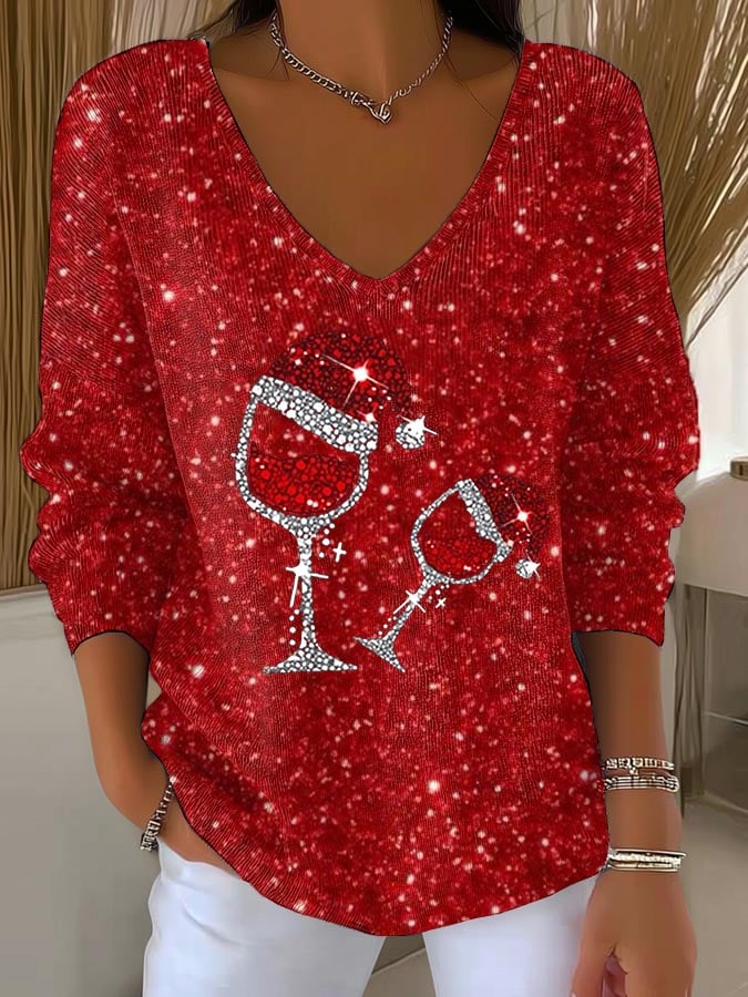 🦌Buy 3 Get 15% Off🦌Women's Christmas Red Wine Glass Print V Neck Sweater