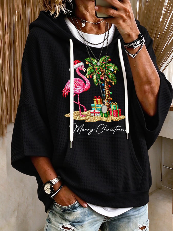 Women's Flamingo Christmas Print Hooded Sweatshirt