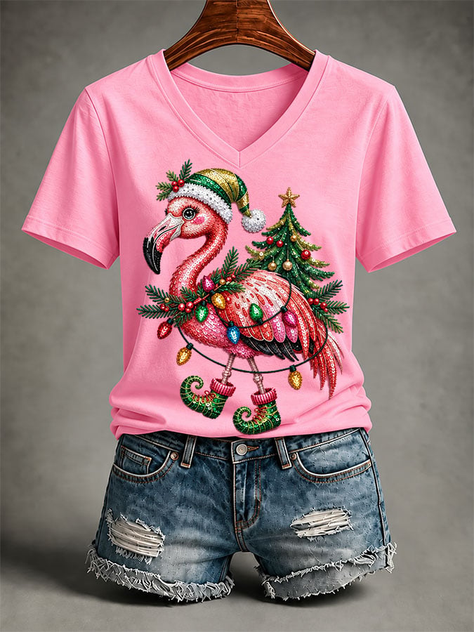 Women's Flamingo Christmas Print Casual T-shirt
