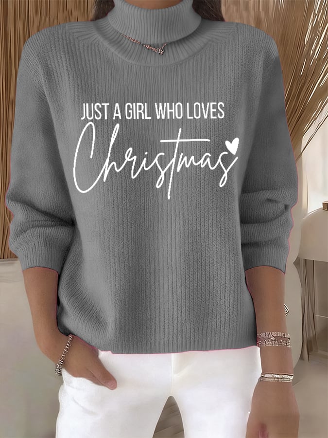 🦌Buy 3 Get 15% Off🦌Women's Retro Just A Girl Who Loves Christmas Print Turtleneck Knit Top