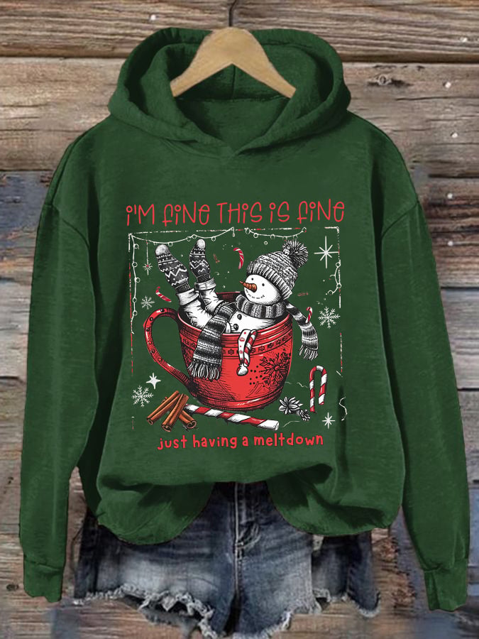 🦌Buy 3 Get 15% Off🦌Retro Christmas Funny Snowman Hot Cocoa I'm Fine, This Is Fine Just Having A Meltdown Print Hoodie
