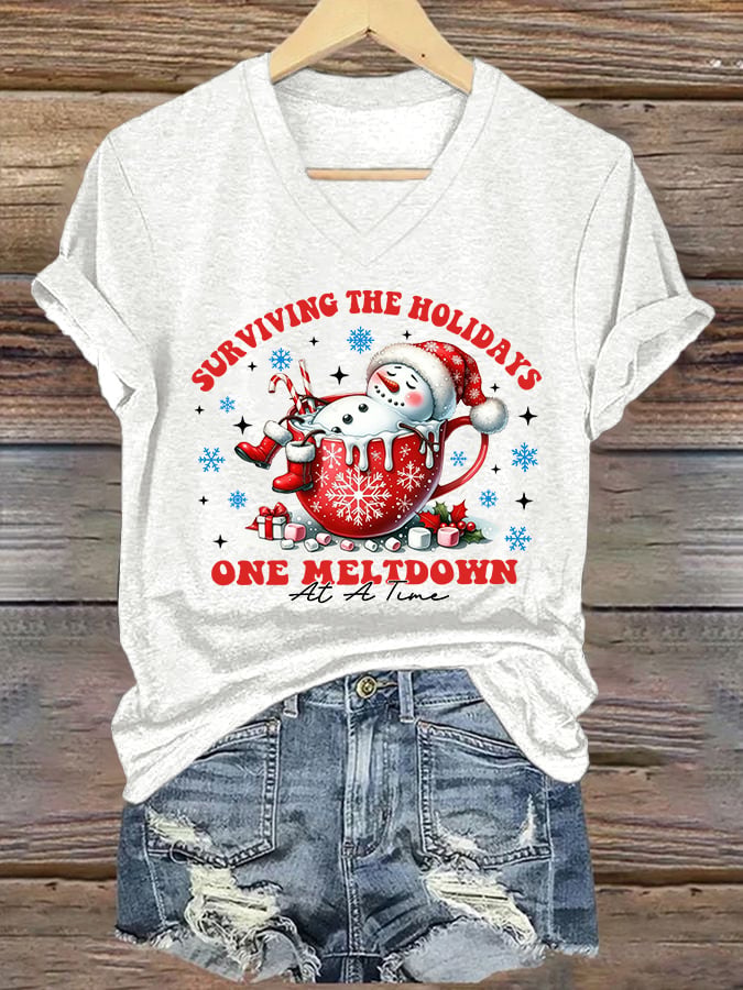 🦌Buy 3 Get 15% Off🦌V-Neck Retro Christmas Snowman In Coffee Surviving The Holidays One Meltdown At A Time Print T-Shirt